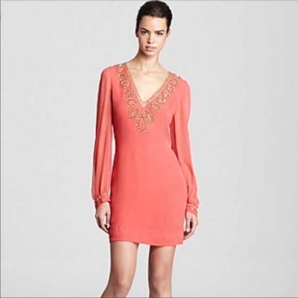 NWT French Connection Bex Beaded Coral Silk Long Sleeve Dress - size 6 - Picture 1 of 14